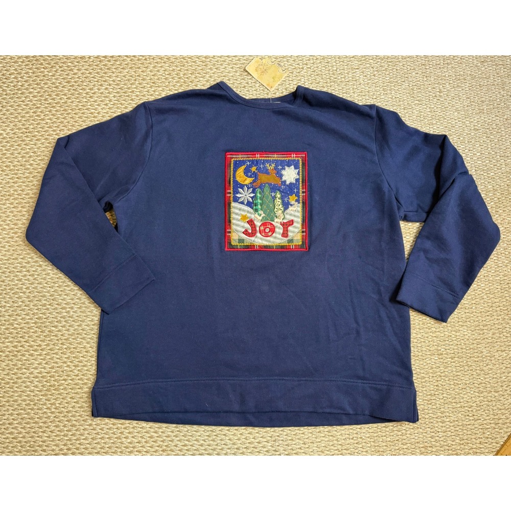 Christmas Joy Sweatshirt Navy Blue Embroidered Reindeer XL NWT Cottagecore retro